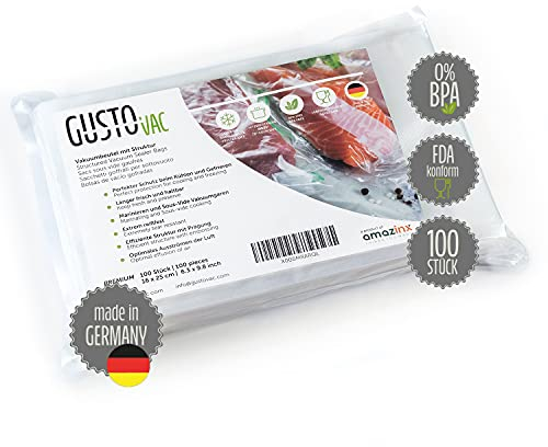 GustoVac Pack de 100 Sacs Sous Vide Alimentaire Gaufrés Fabriqué en Europe 16x25cm, Sac Sous Vide Alimentaire Film Sous Vide Alimentaire Sachet Sous Vide Alimentaire pour Machine Sous Vide Alimentaire