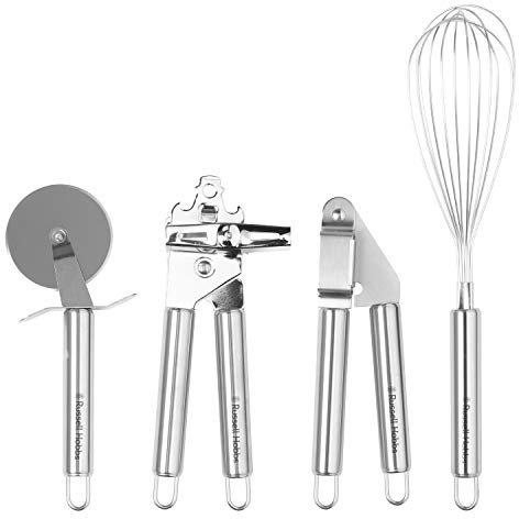 Russell Hobbs RH00124EU Kitchen Tool Set – 4 Piece Stainless Steel Essential Cooking Gadgets & Utensils, Pizza Cutter Wheel, Whisk, Can Opener, Garlic Press/Crusher, Easy Clean, Hanging Hooks, Durable