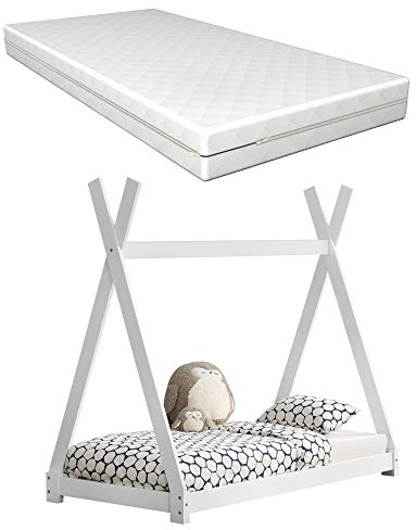 [en.casa] Kinderbett Weiß mit Matratze 80x160cm Tipi-Design Kiefernholz Bett Holzbett Hausbett Kaltschaummatratze Öko-Tex Standard 100 Allergikergeeignet Atmungsaktiv