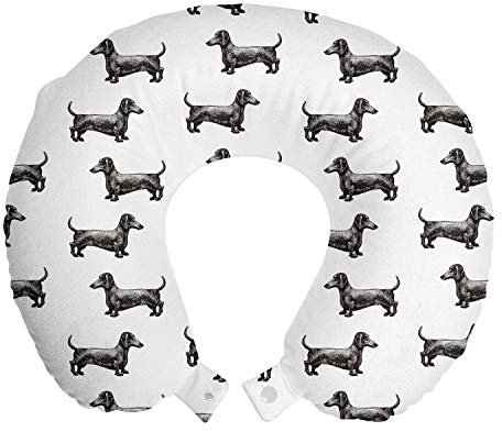 ABAKUHAUS Perro Tejonero Cojín de Viaje para Soporte de Cuello, Líneas Modelo Perros, de Espuma con Memoria para Avión y Auto, 30x30 cm, Gris Topo Oscuro Blanco