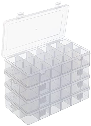 BELLE VOUS Clear Plastic Storage Box Organiser (4 Pack) - Large Box Containers with 18 Adjustable/Removable Grid Dividers - Compartments for Jewellery, Screws, Beads & Small Craft Items