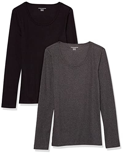 Amazon Essentials Pull côtelé à col Rond dégagé et Coupe ajustée (Disponible en Grande Taille) Femme, Lot de 2, Charbon Chiné/Noir, XXL