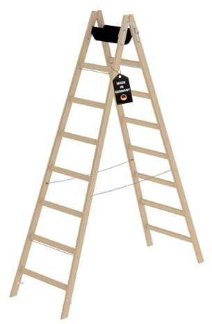 PROREGAL Sprossen-Stehleiter Holz mit Werkzeugablage | 2x8 Sprossen | Leiter, Teleskopleiter, Trittleiter, Bockleiter, Sprossen-Doppelleiter