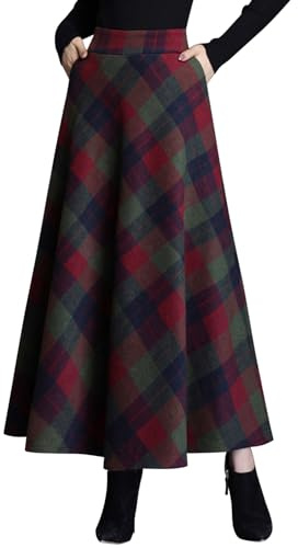 Womens Vintage Plaid A-line Long Maxi Skirt Fall Winter Swing Pleated Flared High Elastic Waisted Casual Flowy Skirt with Pockets(UK 10/Tag M,Green)