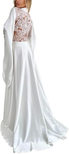 FIXRIMCH Satin Floor Length Robes for Women Lace Bride Kimono Nightgown Silk Bridesmaid Robes Wedding Party Sleepwear Dress White