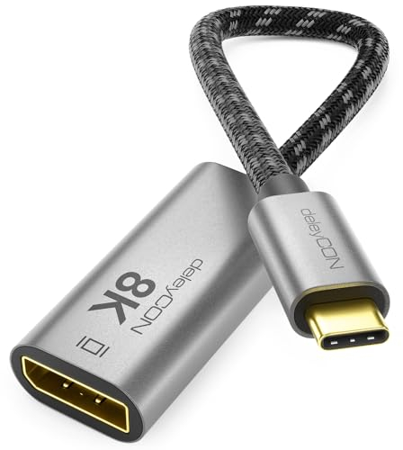 deleyCON Adaptateur 8K USB-C vers DisplayPort pour Écran (8K@60Hz / 4K@120Hz) en Aluminium, Thunderbolt 3/4, pour iPhone 16, 15 Pro Max, MacBook, iPad Pro/Air, Samsung Galaxy S25 S24, Notebook, Tablet