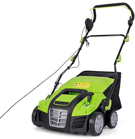 GYMAX Decespugliatore Elettrico, Scarificatore a Spinta con Regolazione della Profondità in 5 Posizioni, 3 Altezze della Maniglia, 55L Sacca di Raccolta Staccabile (Verde & Nero)