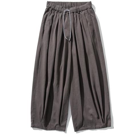 GURUNVANI Pantalon sarouel japonais à jambe large pour homme, coupe ample, pantalon décontracté à taille élastique, marron, Taille L