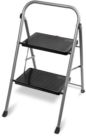 TIENDA EURASIA - Taburete Plegable | Escalera Plegable | Estructura de Metal | Color Plata y Negro | Peso máximo 150 kg | Escalones Antideslizantes | Escaleras Plegables Aluminio (2 Peldaños)