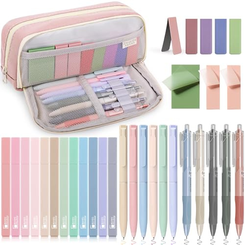 COZCLAM 32pcs Set Cancelleria Aesthetic con Rosa Astuccio, 12 Evidenziatori Pastello, 6 Penne Colori, 5 Penne Nero, 5 Segnalibri Magnetici, 3 Note Adesive, Set Cancelleria per forniture per ufficio