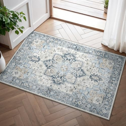 GENIMO Small Machine Washable Rugs 60x90cm, Non-Slip Doormat, Vintage Bedside Rug, Boho Area Rugs, Low Pile, Non-Shedding, Traditional Oriental Printed Design, Entrance, Entryway, Corridor