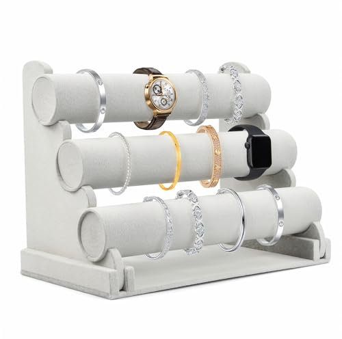 Shengxi Espositore per Bracciale in Velluto Supporto per Braccialetti in Velluto con 3 Livelli Rimovibili Espositore per Gioielli Porta Braccialetti per Gioielli Collane Orologi Grigio