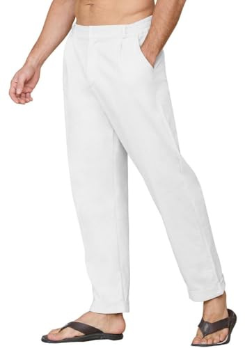 Yutdeng Pantalones Lino Hombre Verano Pantalon Largo Pantalón Lino Algodón Ligeros con Bolsillos Cintura Elástica Pantalon Vestir Casual Anchos Pantalones de Verano Hombre Regular Fit,Blanco,L