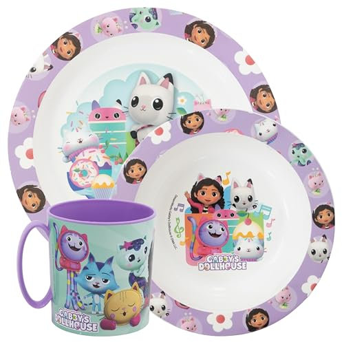 Sorrisini Set de vaisselle réutilisable pour enfants Gabby, assiettes en plastique pour crèche, Scoula, assiette, bol, tasse 350ml, set de sevrage avant gruau pour micro-ondes, Gabby Space