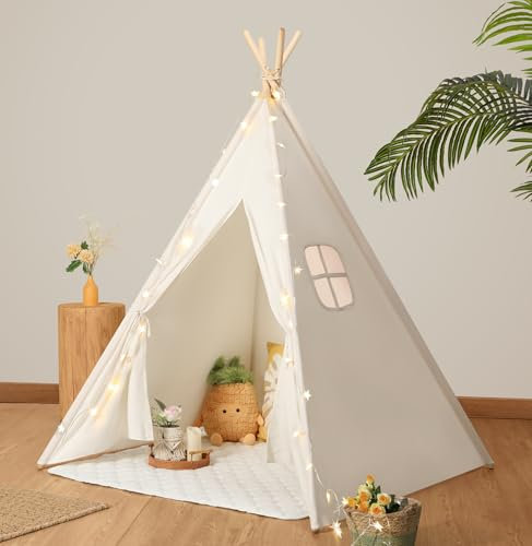 Wilwolfer Tipi Infantil, Algodón Tienda de Campaña Interior Madera Portátil Cabañas para Niños, Tienda de Juego con Banderas de Colores, y Bolsa de Almacenaje