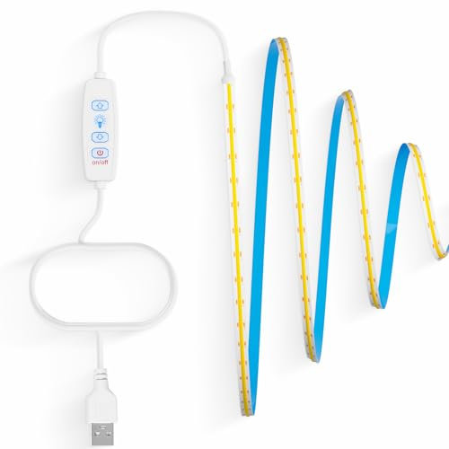Aurevita 3m Ruban Led COB USB 5 V, Blanc Chaud à Intensité Variable CRI85+ Bandeau Led 8mm Pour fond TV, Cuisine, Chambre, Fête, éclairage de Décoration DIY Bande Lumineuse Led (Warm White 3m)