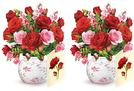 Freshcut Paper Pop Up Cards, Mini Blooming Roses (Set of 2), 6 Inch Mini Sized Forever Flower Bouquet 3D Popup Greeting Cards, Valentine's Day, Anniversary Card, Blank Notecard & Envelope