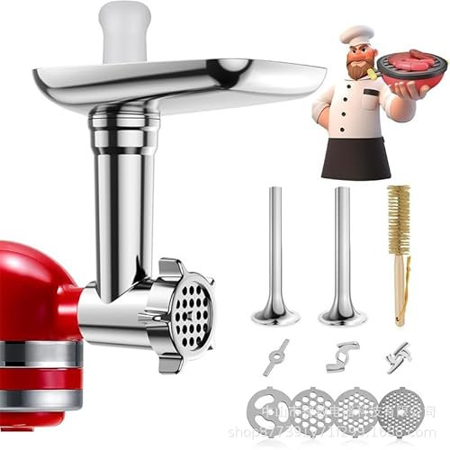 Edelstahl Fleischwolf Aufsatz fur Kitchen Aid Zubehör, Fleischwolf Zubehör Inklusive 2 Wurstfüllhörner, 2 Schleifklingen 4 Mahlscheibe, Bürste (Nur Zubehör)