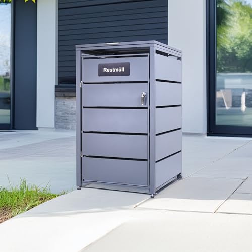 Albatros Mülltonnenbox 1er Tonne | bis 240 Liter | Anthrazitgrau RAL 7016 | verzinkter Stahl | Premium Dämpfer| Aufkleber-Set | wetterfest| verstellbare Füße| Türgriff mit Schloss | Gartenbox