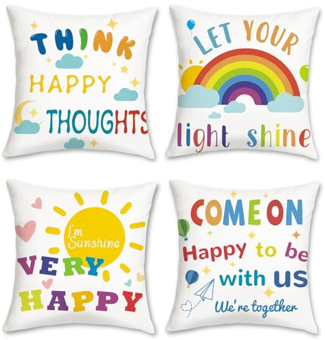 COZZSNUGE Colorful Kids Cushion Covers Rainbow Sun Inspirational Quotes Velvety Decorative Pillowcases for Sofa Bed Kid Room Classroom Home 45 x 45 cm Set of 4