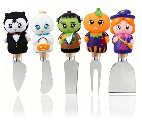 YUANQIAN Halloween Cheese Spreaders Set of 5, Stainless Steel Knives for Charcuterie Boards - Gift Box Included for Party Hostess - Cream Cheese Butter Jam Utensils for Halloween Thanksgiving