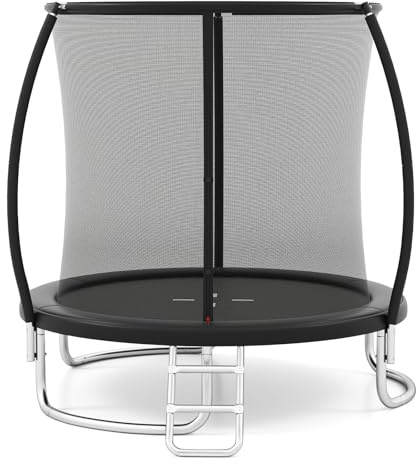 GOPLUS studsmatta utomhus, 244/305/366 cm, fritidsstudsmatta med säkerhetsnät, stege, galvaniserad metallram, robusta ben, trädgårdsstudsmatta för barn och vuxna