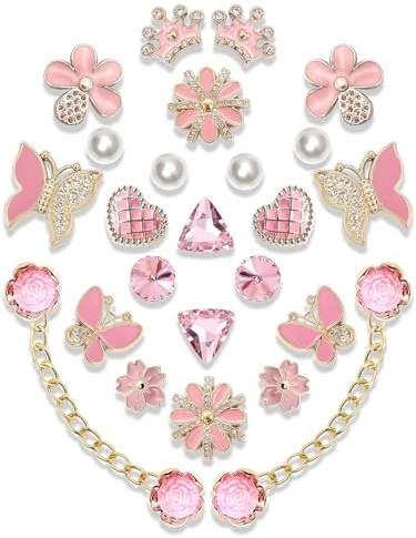 Acwenie 24pcs Plastic Bling Shoe Charms Set –Pearl, Butterfly, Flower & Chain Decorations for Clogs & Sandals – Cute Accessories for Women & Girls Gift