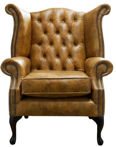Chesterfield - Sedia Queen Anne con schienale alto, in vera pelle senape vintage, realizzata a mano, con trapuntatura profonda a bottoni e gambe in mogano, realizzata nel Regno Unito