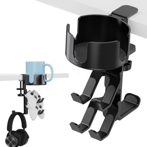 FACAIIO Cintre rotatif 3 en 1 pour casque et porte-gobelet pour bureau, organisateur peu encombrant pour écouteurs, manettes et tasses
