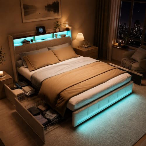 KOOPMAD Sängklädsel, 180 x 200 med förvaringsutrymme, beige, dubbelsäng med LED och USB, linnesäng med 4 lådor, funktionell säng, ungdomssäng, sängram med sänggavel och ribbotten (utan madrass)