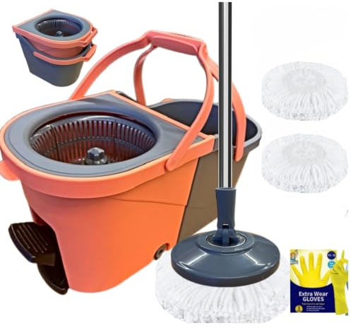 *NEW* SWISSPACK Revolving Spin Mop and Bucket With 2 Extra Pads Perfect For Easy Cleaning. Clean and Dirty Water Separtered For Perfect Finish (ORANGE-GREY) (PEDAL SPIN ORANGE/GREY)