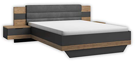 Stella Trading LINEA Stilvolle Doppelbett Bettanlage 180 x 200 cm mit 2x Nachtkommoden - Schlafzimmer Komplett-Set in Bartex Eiche Optik, Graphit - 296 x 97 x 210 cm (B/H/T)