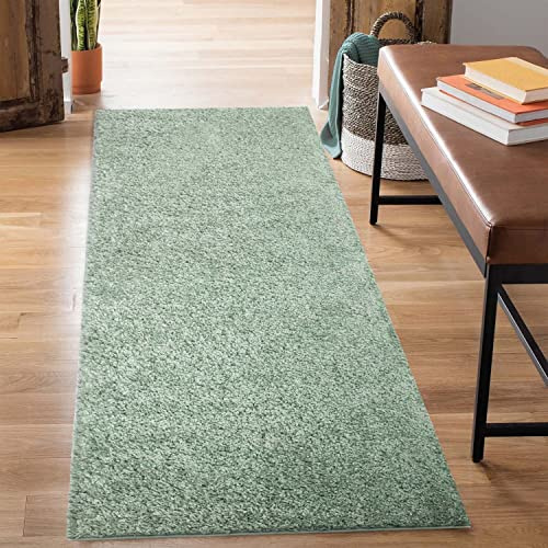 carpet city Shaggy Hochflor Teppich - Läufer 80x300 cm - Grün - Langflor Flurteppich - Einfarbig Uni Modern - Flauschig-Weiche Teppiche Schlafzimmer Deko