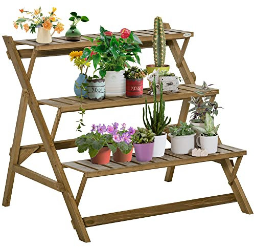 Outsunny Estantería para Plantas de Madera Soporte de Macetas con 3 Estantes Plegables en Forma Escalera para Decoración Interiores y Exteriores 101x83x88 cm Marrón