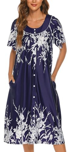 YOZLY House Dress for Women Short Sleeve House Coat Mumu Duster Robe with Pockets, Dark Purple, Large