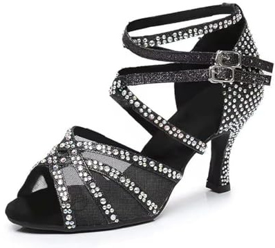 Rosefinch Scarpe da Ballo Latine con Strass per Salsa e Scarpe da Ballo per Donne/Ragazza, Suola Morbida Scarpe da Ballo Nero 7cm Tacco,38 EU