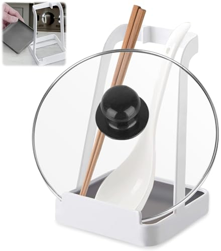 HOMURY - Topfdeckel und Kochlöffelablage - Kochlöffelständer Metall, Ablage für Topfdeckel, Topfdeckelhalter, Multifunktionaler Löffelhalter für Pfannendeckel Kochlöffel Kochbuch Tablet (weiß)