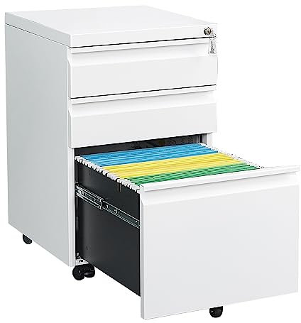 LVSTEEL Rollcontainer, Komplett Montierter Aktenschrank Mit Schloss, Untertisch-Schrank Aus Metall für Home Office, Mobiler Druckerständer für A4/Aktenordner