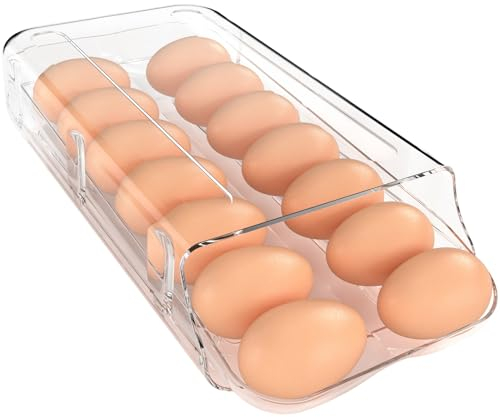 theaoo Soporte para huevos para nevera, contenedor de huevos rodante automático para refrigerador, dispensador de huevos de plástico transparente, organizador de huevos apilable con bandeja interior