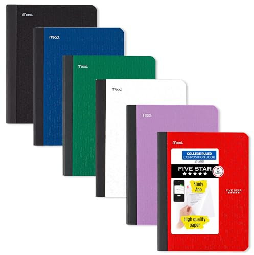 Five Star Composition Books + Study App, 6 Pack, College Ruled Paper, 9-3/4 x 7-1/2, 80 Sheets, Black, Red, Green, Blue, Purple, White (850065A-ECM)