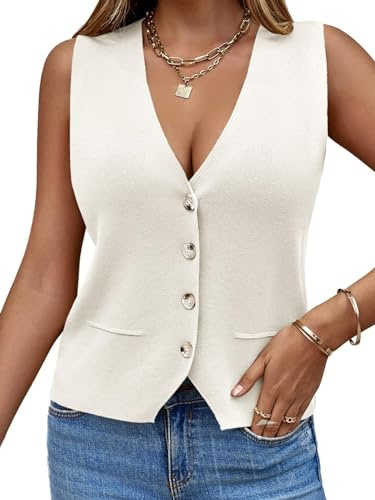 Saodimallsu Chaleco sin mangas para mujer, de punto, cuello en V, con botones, a la moda, casual, holgado, para primavera y verano