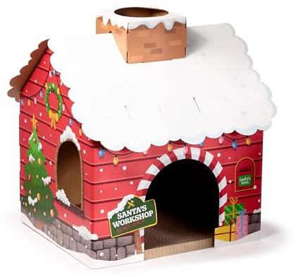 Puckator Christmas Santa's Grotto Cat Playhouse 100% Cardboard Cat Den Tree Tower - Scratch Post - Cats Play Shelter House - Kitten Den Beds For Indoor - Accessories - Bed Cave Kennel