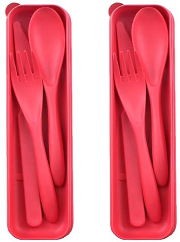 Lot de 2 couverts portables avec étui, 2 ensembles de couverts en plastique réutilisables couteau, fourchette, cuillère, set de vaisselle de voyage pour camping, pique-nique, bureau, école ou