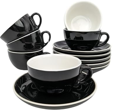 MUVELL 6x Cappuccinotassen á 200 ml | Schwarz | Italian Style | extra dickwandige 8 mm & schwere Ausführung | spülmaschinenfest | 12 teiliges Cappuccinotassen Set mit Untertassen - Geschenkset