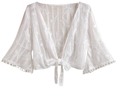 CuLtP Bolero Femme Boléro Court en Dentelle pour Femme Chic Papillon Cardigan Transparent Châle À Lacets Cape Manches Trompette Vestes De Soirée Robes De Plage Cover Ups Blanc L