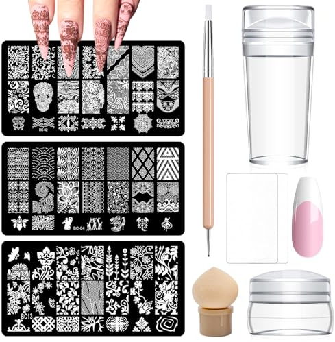 TYXHXTF Nail Art Stamper,9 Pcs Placas Estampacion UñAs Nail Stamping Kit,Sellos De Silicona Transparente,Estampador Para UñAs Con Raspador,Kit De UñAs,Silicona Nail Art Stamper Para Nail DIY