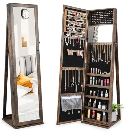 GOPLUS Armoire à Bijoux avec Miroir sur Pied, 2 en 1 Armoire à Bijoux Verrouillable pour Bagues/Bracelets/Boucle d'Oreilles/Colliers, Organisateur de Bijoux pour Chambre/Salon (Marron)