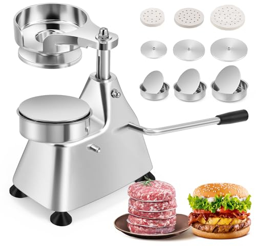 Moongiantgo Pressa per Hamburger Commerciale, 3-in-1 Hamburgatrice, Macchina per Hamburger Pressa in Acciaio Inox con 3 Vassoi di Dimensioni 4/5/6 & 1500 Pezzi di Carta per Hamburger (10/13/15CM)