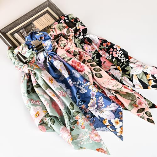 Mirlern 4-Piece Satin Hair Scarf Scrunchies for Women Girls, No Damage Cute Hair Ties with Bow Ribbons Ponytail Holders Elastic Rubber Bands (Lily)