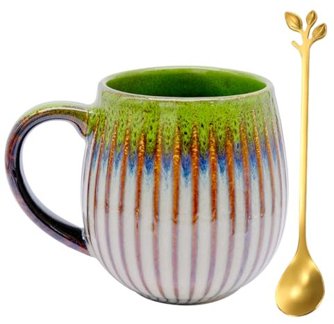 inheming 500 ml Taza de café grande para capuchino, taza de cappuccino de gres, taza de diseño artístico,taza de café de porcelana con asa Para leche, café y bebidas (Verde)